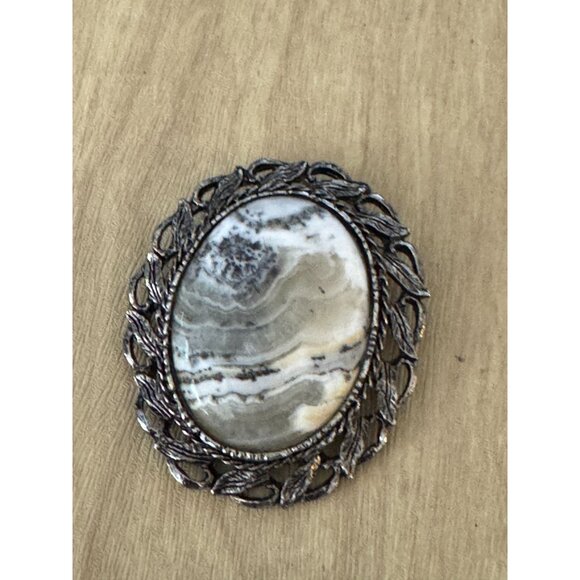 Dendritic Jasper Vintage Brooch Pin Gray & White Stone Metal Frame 2" x 2.5" - Picture 3 of 7